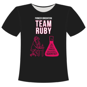 Black short sleeve t-shirt with the text Pioneer Innovation Team Ruby in white and hot pink with a microscope and erlenmeyer flask illustrations