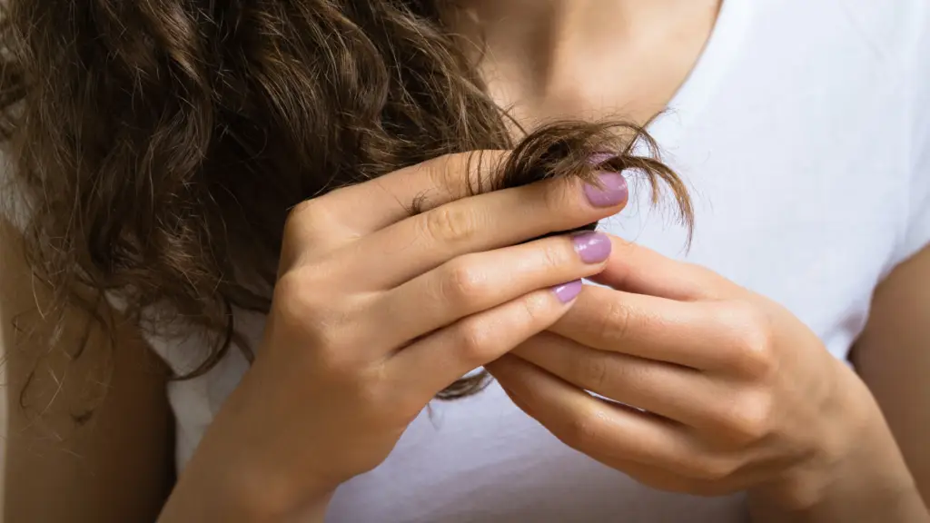 Close-up of a person examining the ends of their curly hair with both hands, painted with light purple nail polish, against a white shirt background.