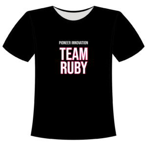 Black short sleeve t-shirt with the text Pioneer Innovation Team Ruby in white and hot pink