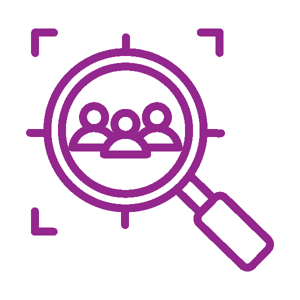 Magnifying glass over three people icon