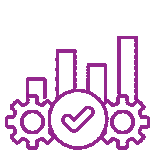 Cogs, checkmark, and bar chart icon