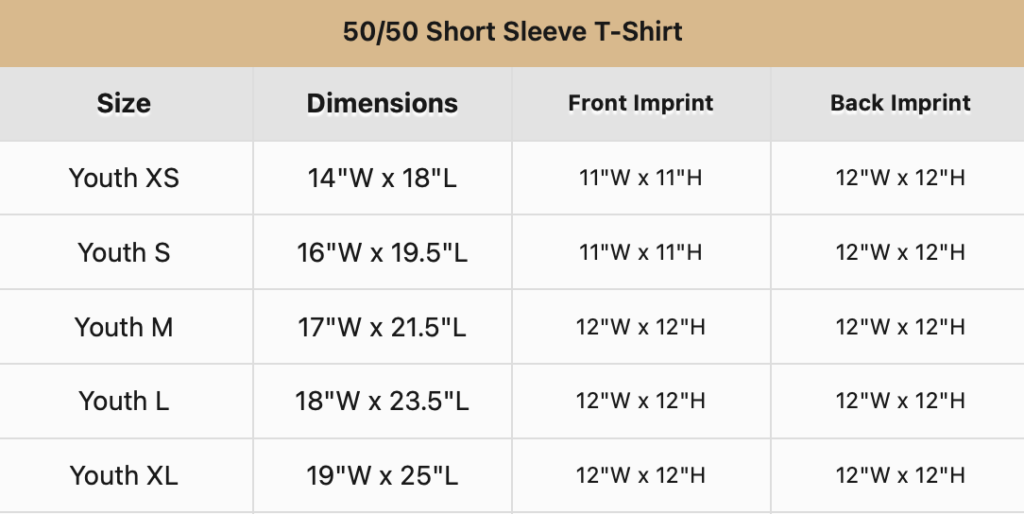 Size chart for 50/50 short sleeve t-shirt